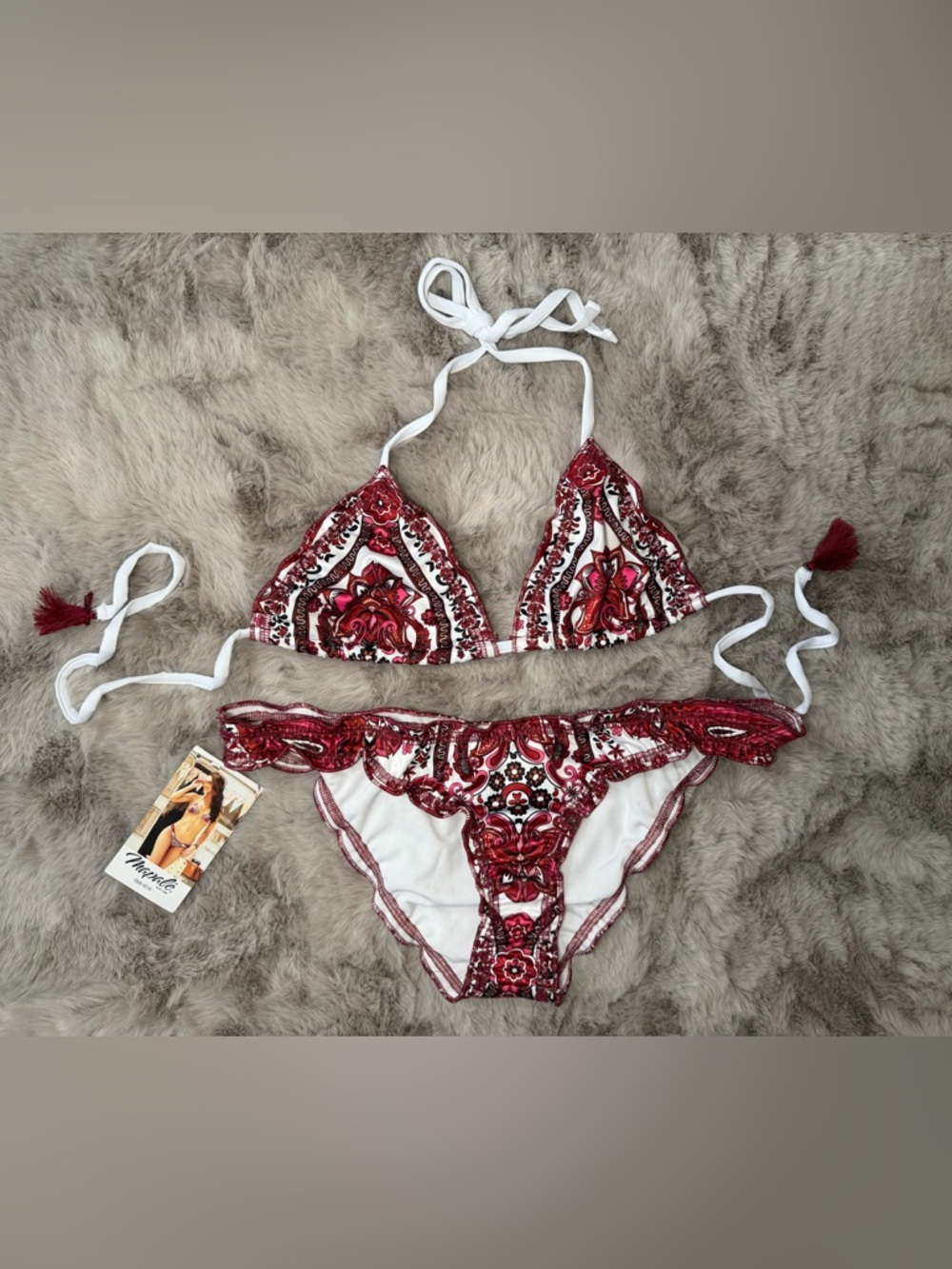 White & Burgundy Printed Triangle Bikini Set
